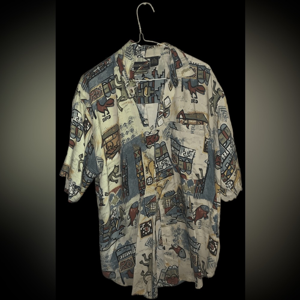XL tan graphic button down shirt.